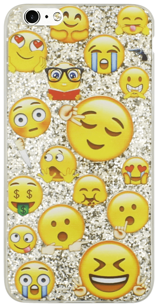 Apple iPhone 6 Plus kemény hátlap emoji mintás, flitteres ezüst