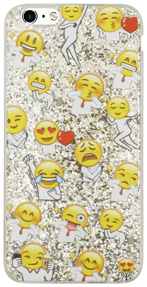 Apple iPhone 6 Plus kemény hátlap emoji mintás, flitteres ezüst