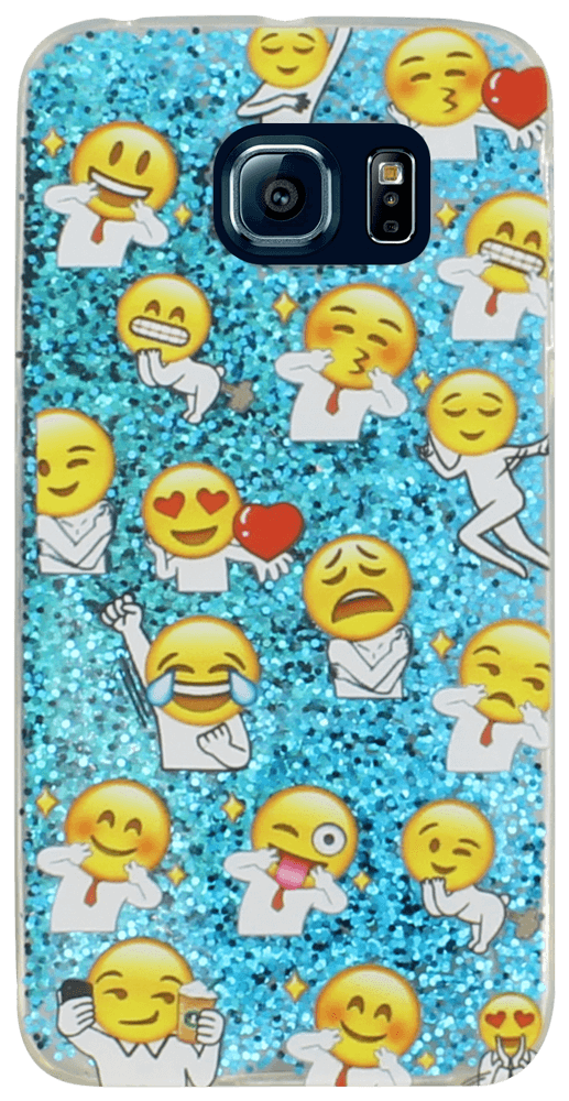 Samsung Galaxy S6 EDGE kemény hátlap emoji mintás csillogó flitterrel kék